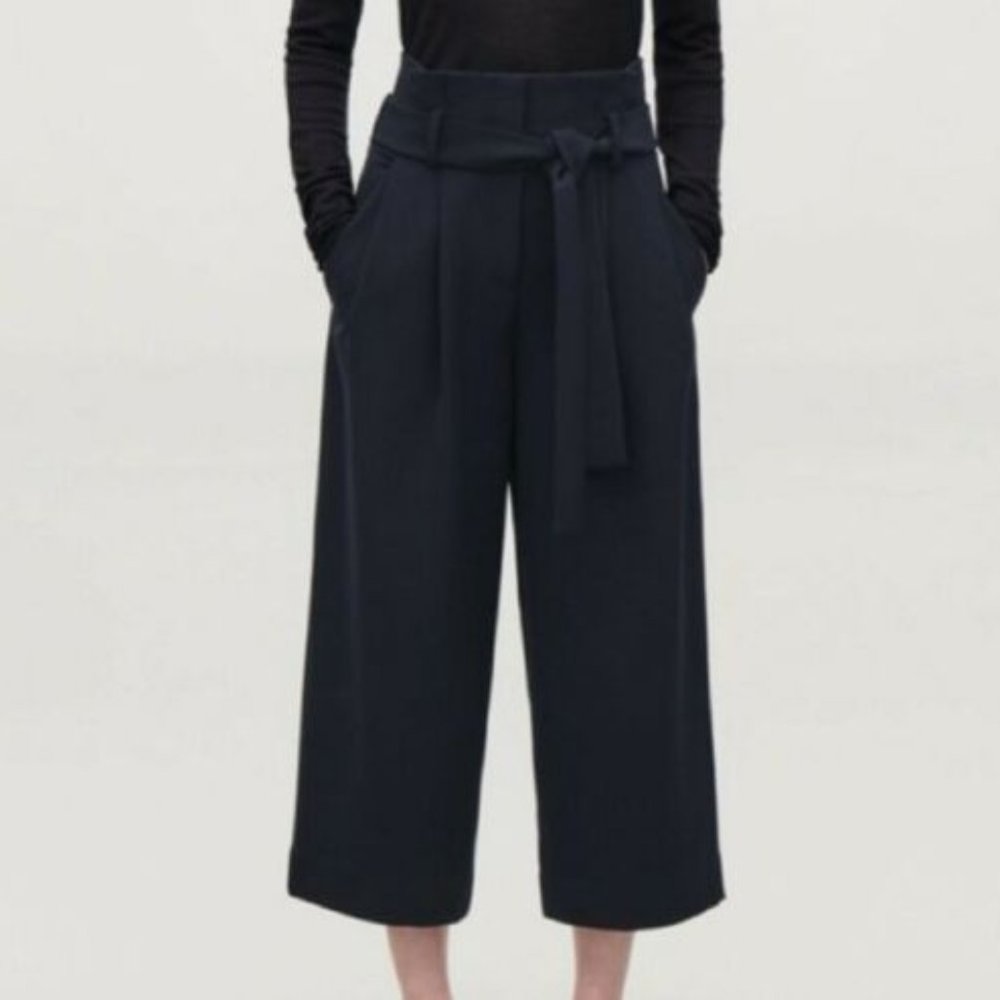 COS Womens Paper Bag Waist Tie High Waist Belted Wide Leg Navy Blue Wool Pants